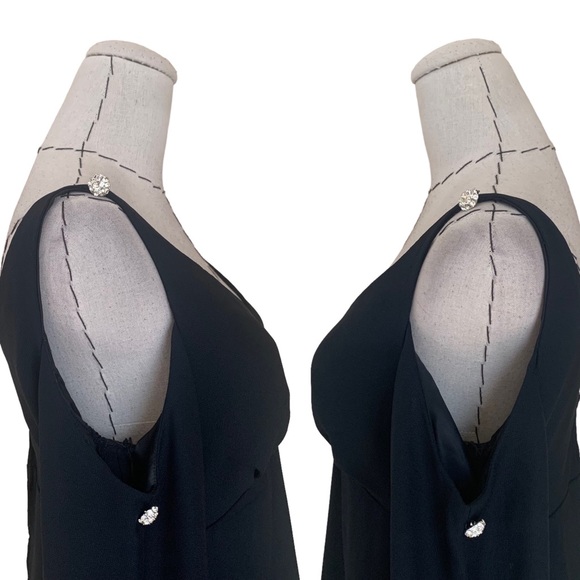 Vintage 60s Black Crepe Dress Cold Shoulder Bishop Sleeve Rhinestone Buttons - Picture 11 of 16